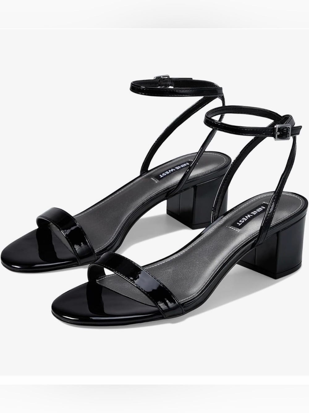 Nine West Black Patent Ankle-Strap Block Heel Sandals
